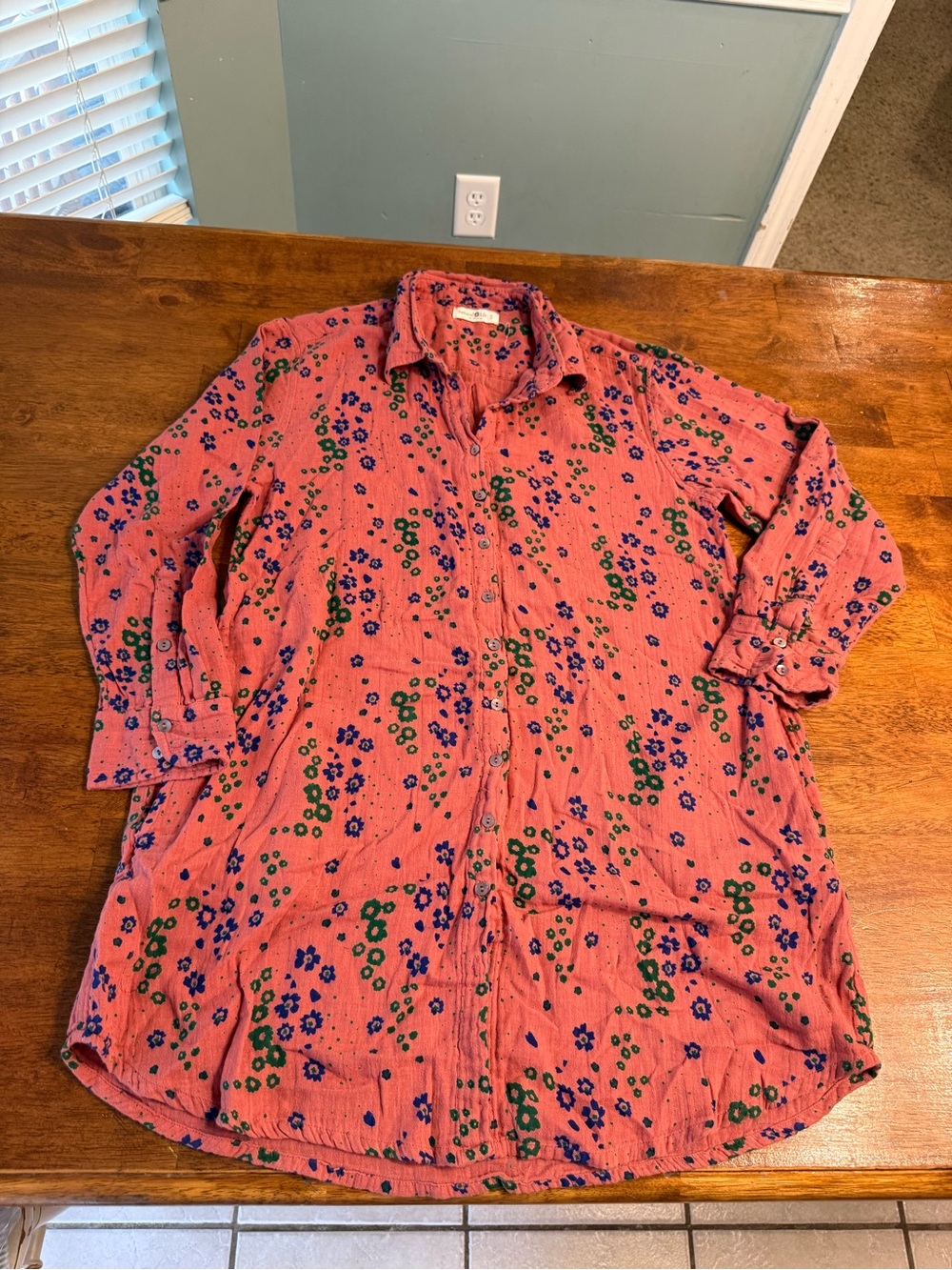 Natural Life Georgia Cotton Gauze Floral Shirt Dress S Coral Orange Boho Pockets